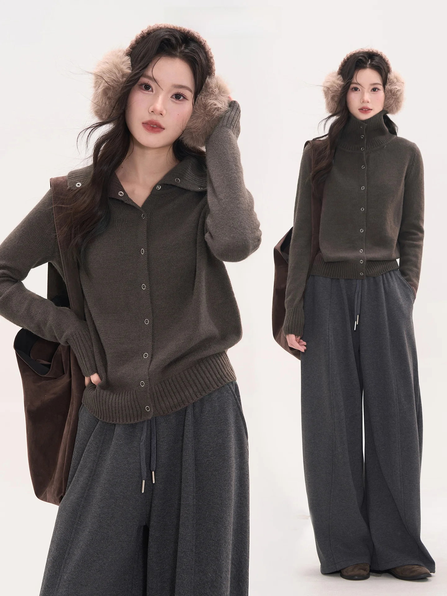 

Женский вязаный кардиган с высоким воротником, имитация меха, на одной пуговице, теплый, для повседневной носки, однотонный