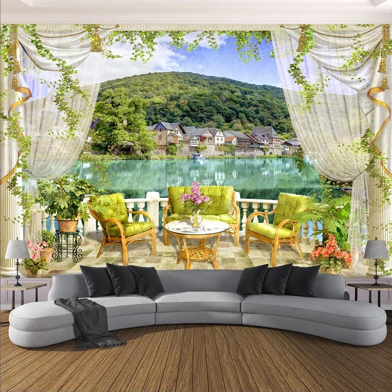 

Custom 3D Wall Mural balcony lake scenery Wallpaper Bar Cafe Restaurant Backdrop Wall Home Decoration Fresco Pegatinas De Pared