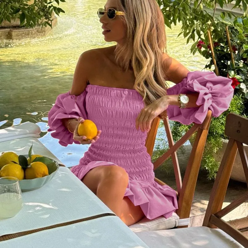 Frühling Sommer Damen Rosa Smok-Kleid mit Schulterfreiem Design, Puffärmeln, Gerüschtes Mini-Bodycon-Kleid für Gäste, Partys und Cocktails