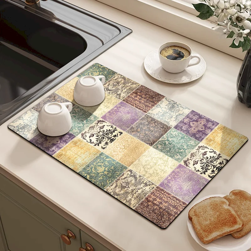 VIKAMA Collage Bohemian Geometric Tableware Drying Mat, Retro Absorbent Anti Slip Kitchen Countertop Mat, Home Decoration