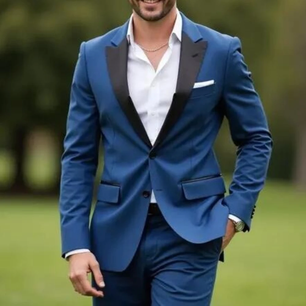 

Black Collar Blue Men Suit Groom Groomsman Wedding Party Prom Formal Occasion Business Male Tuxedos 2 Piece Set Blazer Pants