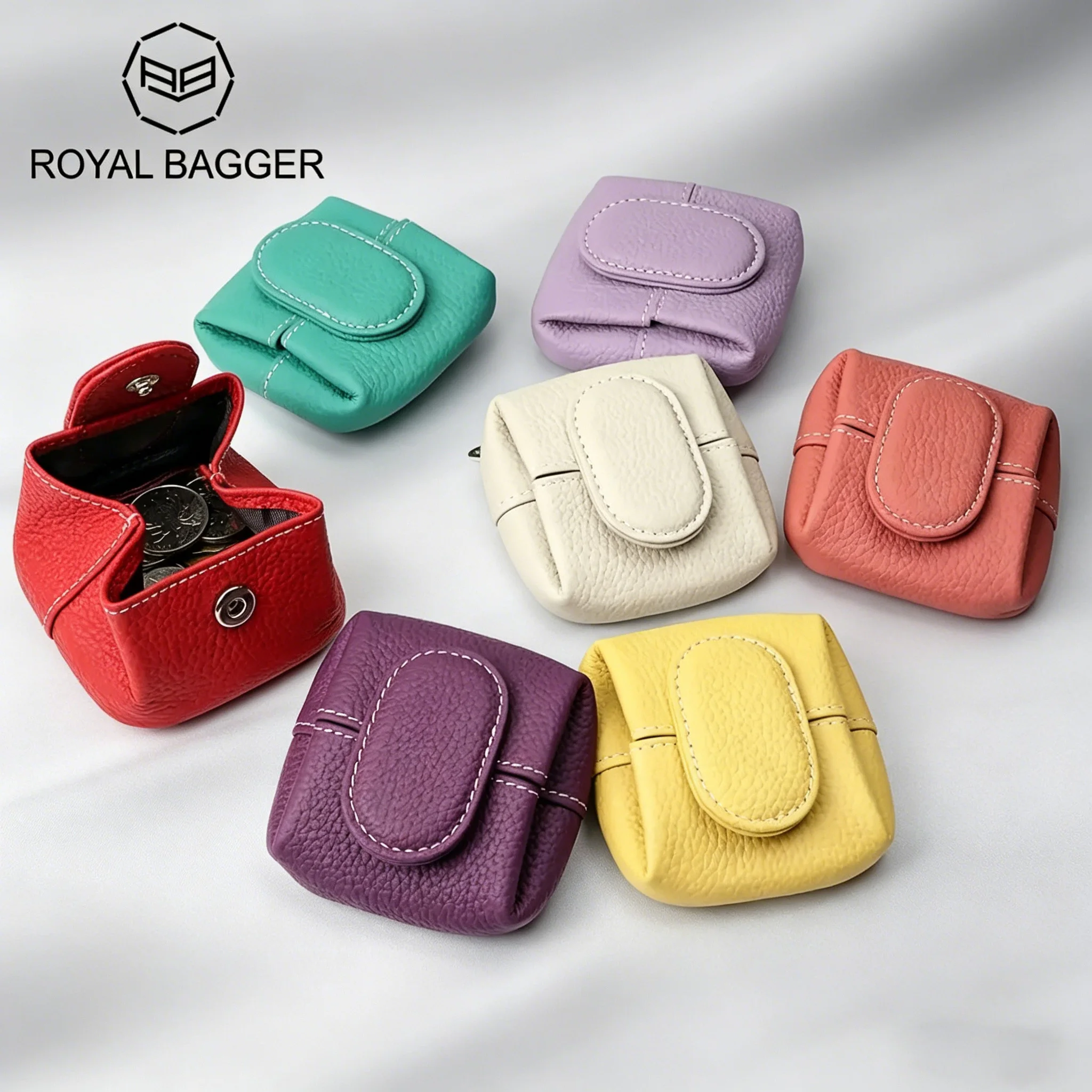 Royal Bagger Mini porte-monnaie à motif litchi, couleur unie, avec boucle, sac de rangement pour clés et écouteurs, pochette décontractée pour la monnaie pour un usage quotidien