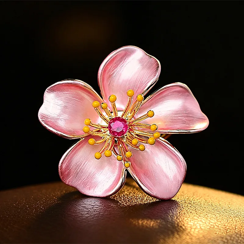 Chinese Style Enamel Lucky Auspicious Flower Brooch Elegant Cherry Blossom Pin Versatile Outfit Accessory Chic Corsage For Women