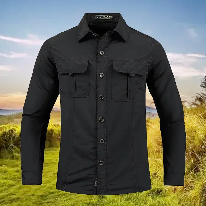 Men's Quick-Drying Outdoor Shirt Summer Waterproof Cargo Shirt Spring Tactical Casual Lightweight Breathable Long-Sleeved Top