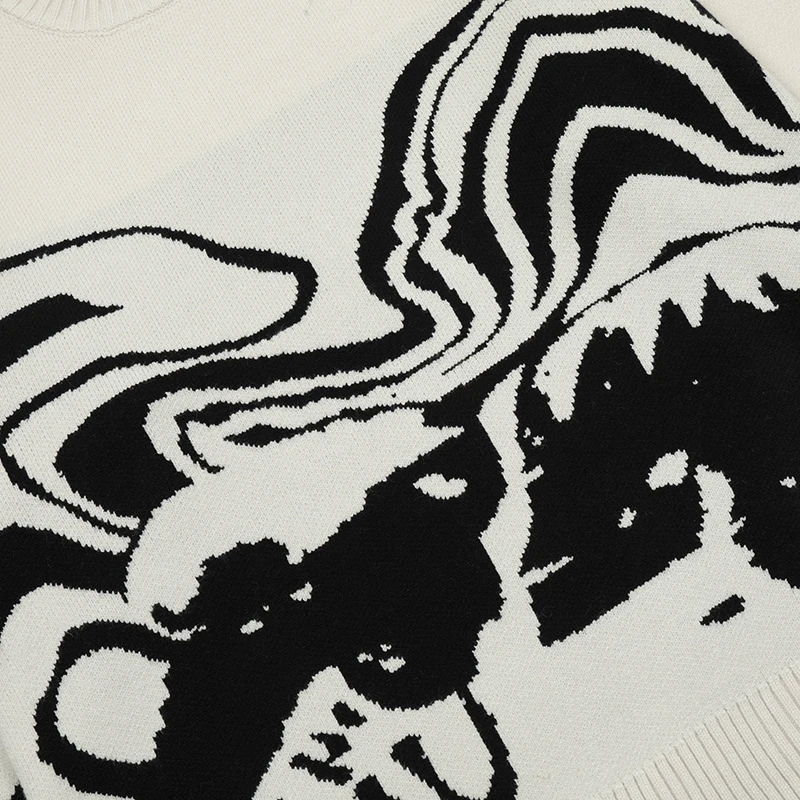 Men Streetwear Sweater Retro Painting Skull Graphic Hip Hop Knitted Sweater Vintage Pullover Casual Wool Sweater Hipster