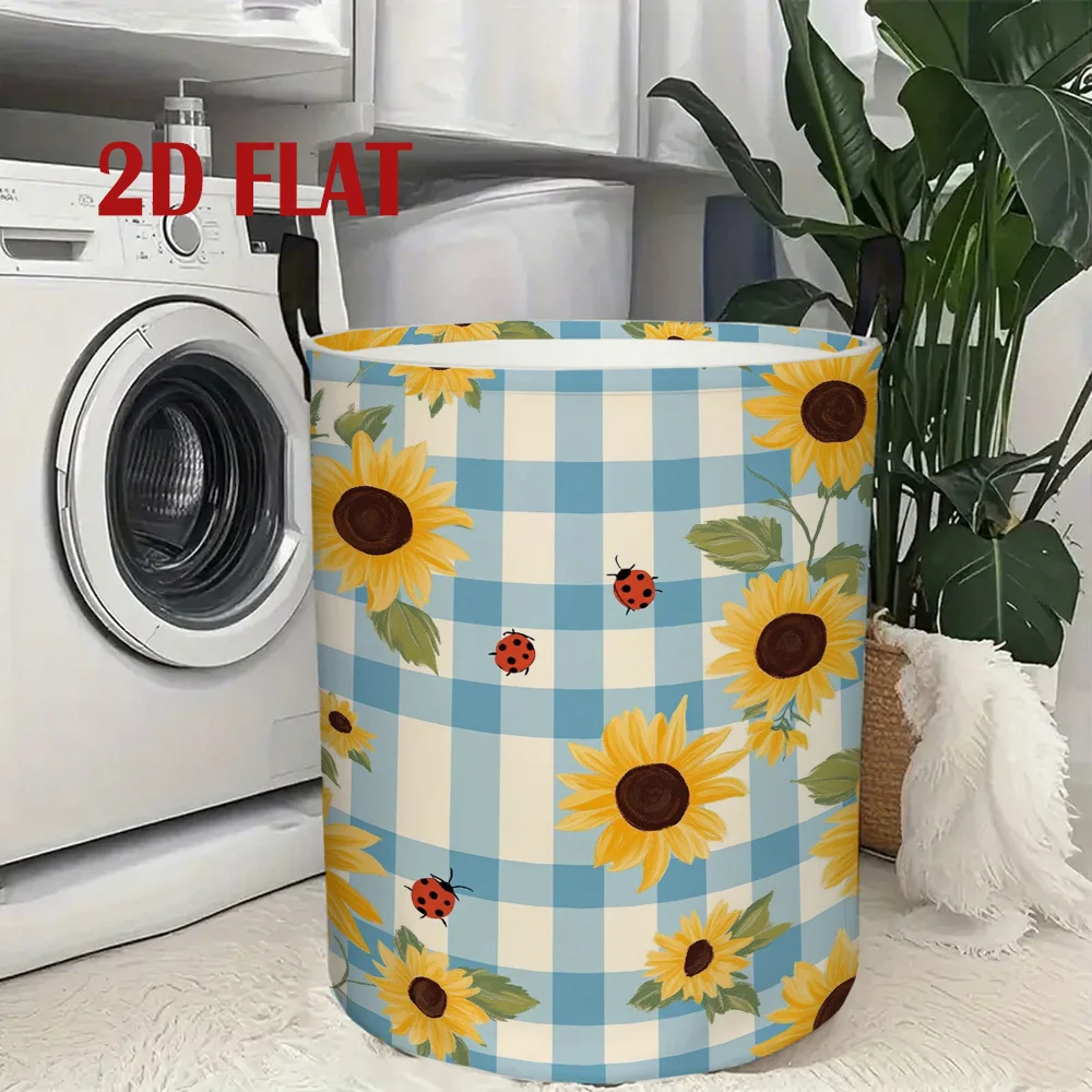 Round Laundry Basket with Blue and White Checkered Sunflower Ladybug Pattern Organizing Storage Bin for Clothes Books