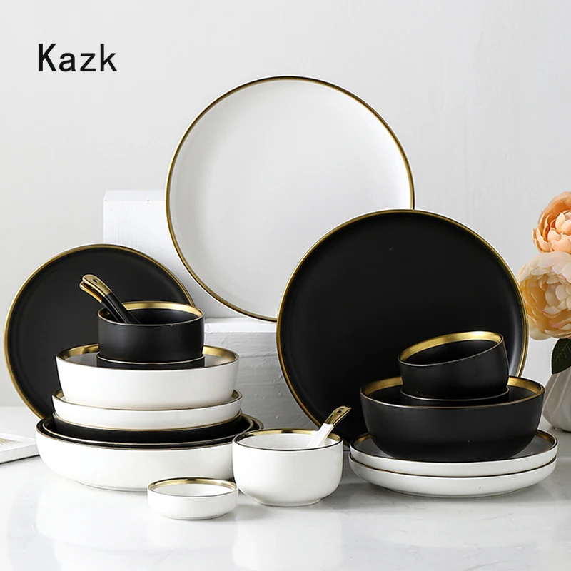 Black White Matte Porcelain Dinner Plate Nordic Gold Stroke Spaghetti Western Plates and Bowls Salad Dishes Kitchen Tableware