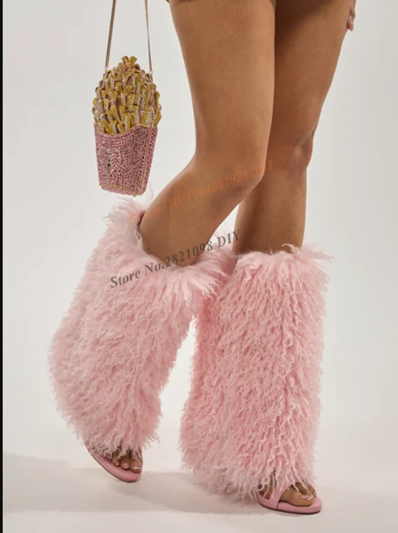 Pink Wool Fur Open Toe Summer Boots Women Sandals Thin Toe Strap High Heels Ladies Open Toe Girl Summer Party Shoes
