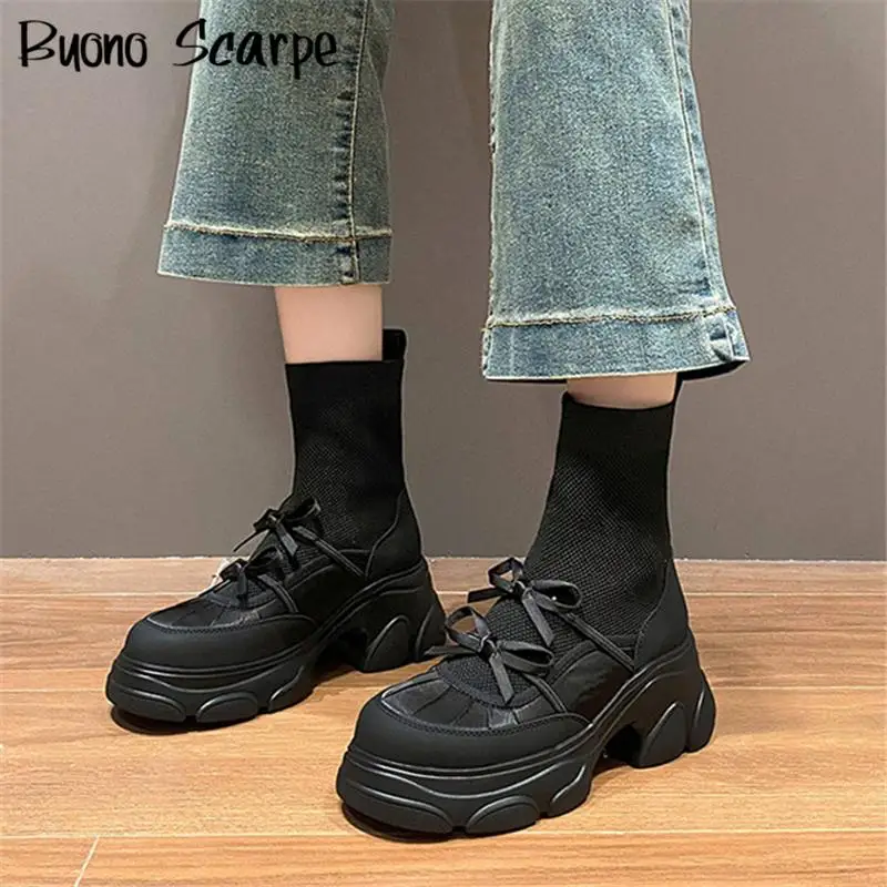 

New Western Style Butterfly Knot Round Toe Thick Sole Platform Chunky Heels Women Boots Slip On Solid Color Fashion Casual Shoes