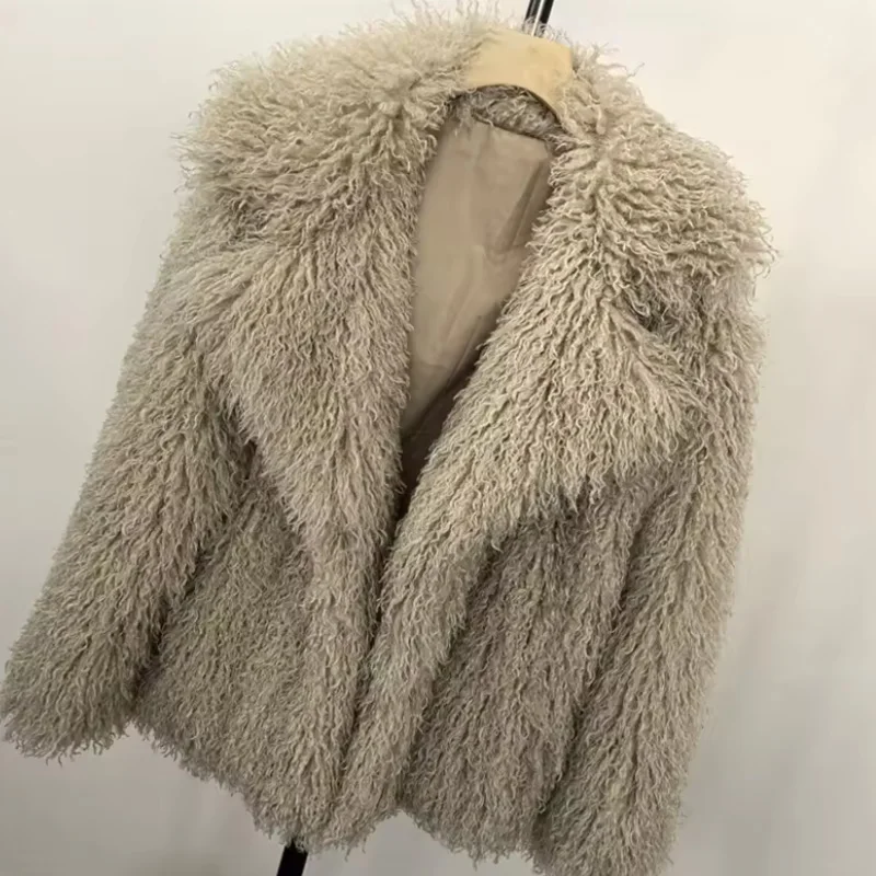 

2025 Fashion Women's Faux Fur Short Coat Autumn Winter Imitation Mongolia Sheep Fur Jacket Lapel Warm Tops Outerwear Streetwear