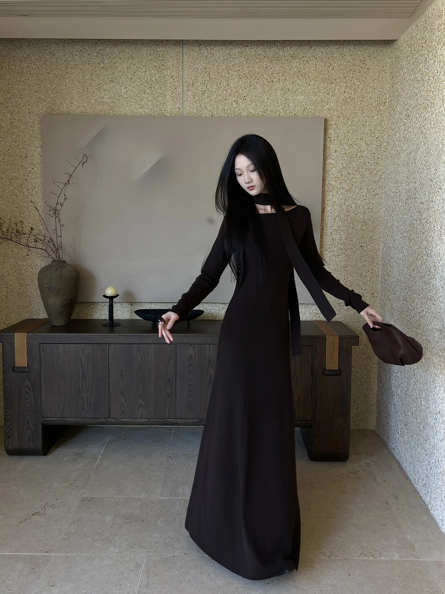 

SUYE Bla Sa Woolen Knitted Dr Women's Slim Fit Long Dr Casual Sle Waist-Cinching Spring Faion Ladies' Dr