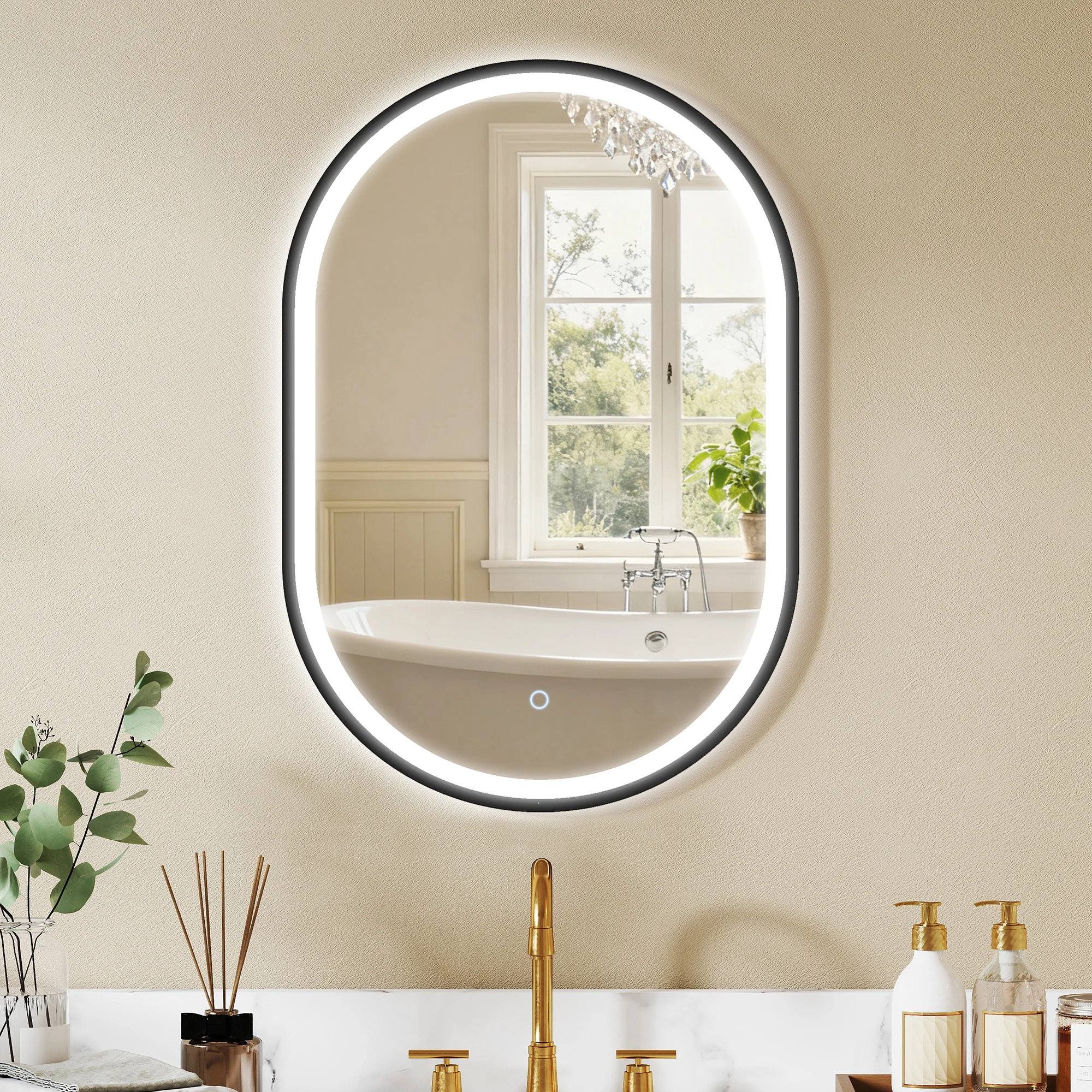 HOMCOM Miroir salle de bain éclairage LED 50 x 70 cm, miroir lumineux salle de bain mural avec interrupteur tactile, lumière réglable 3 couleurs, anti-buée, mémoire, IP44