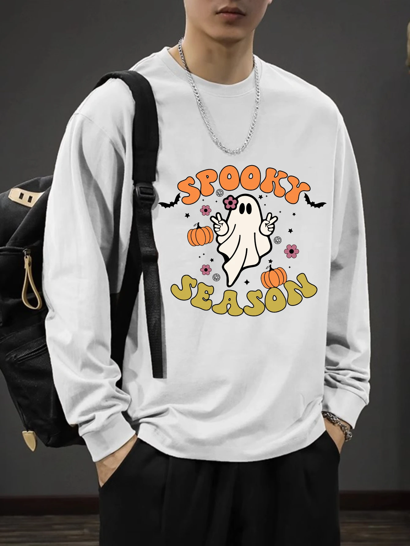 

t shirt for men 2025 Autumn Long Sleeve Men's clothing Halloween style Oversized streetwear Pullover tops Vintage Couple tshirts