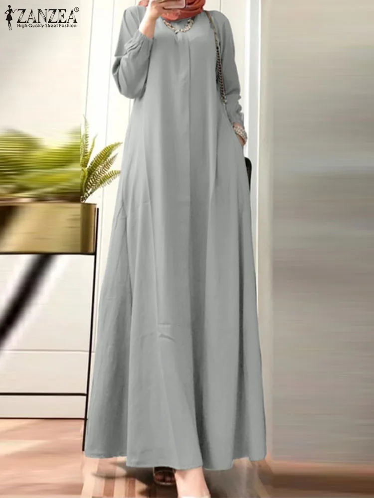 ZANZEA Fashion Casual Muslim Dress Women Puff Sleeve Dresses Autumn Elegant O-Neck Solid Color Sundress Holiday Long Robe 2023