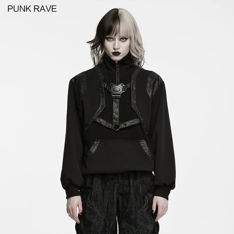 PUNK RAVE Women's Punk Handsome Stand Collar Warmth Structure Sweatshirt Functional Buckle Hardcore Kangaroo Pocket Loose Top