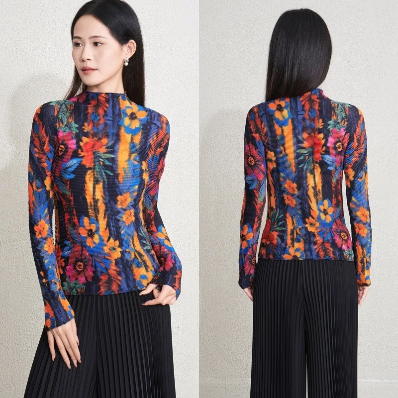 

Europe New Black Top Long-sleeved T-shirt Women's Slim Thin Printed Half-high Neck Pleated Bottoming Shirt Stretch Thin Clothing