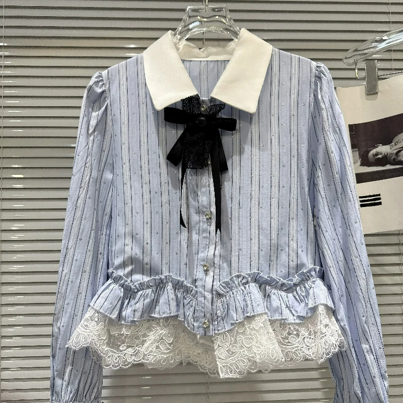 2026 Autumn New Women's Clothing Sweet Temperament Cute Bow Lace Y2k Striped Heavy Industry Hot Diamond Design Shirts Ladies