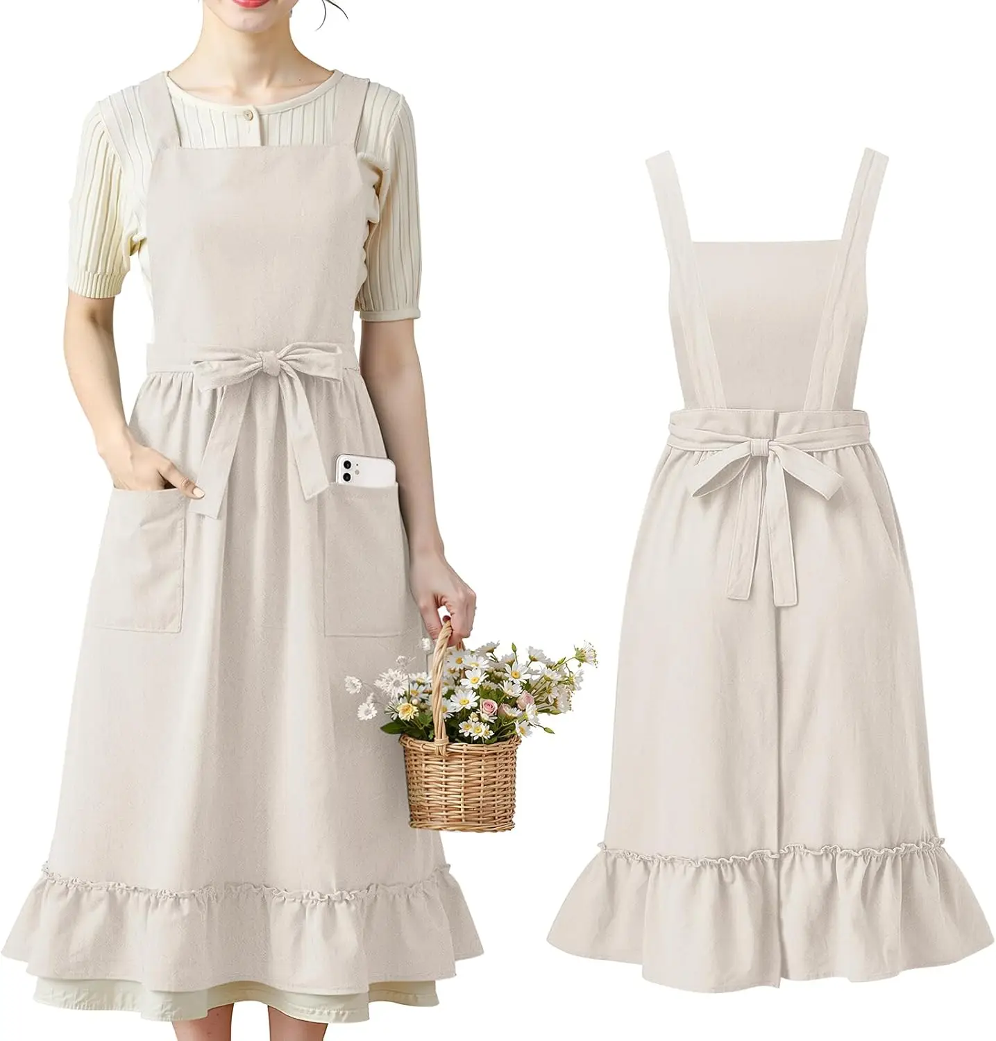 

Vintage Cotton Apron Dress with Pockets for Women - Kitchen Baking Gardening Painting