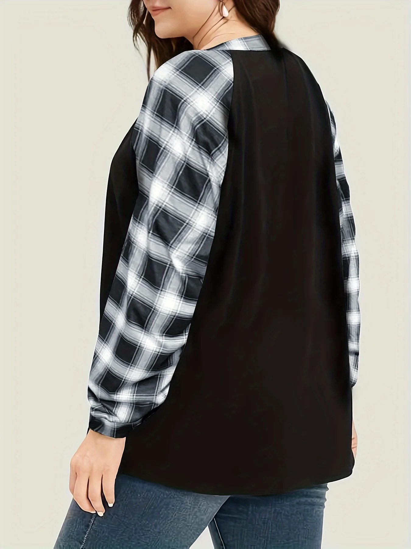 Plus Size Plaid Patchwork V Neck Button Sweatshirt