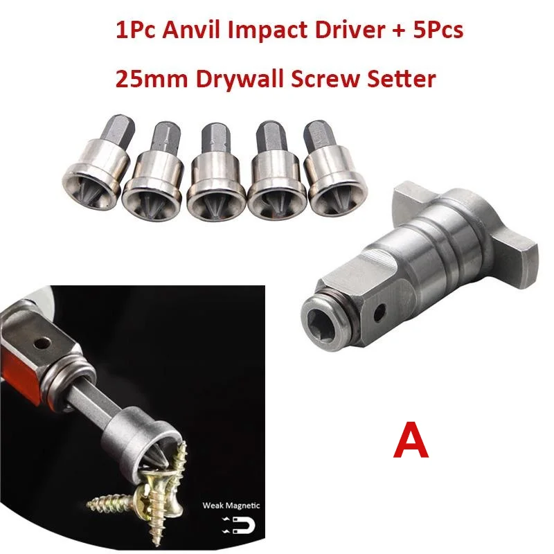 1/4 Inch Hex Shank Anvil Impact Driver with Drywall Screw Setter PH2 Cross Head Positioning Screw Bits with Socket Adapter