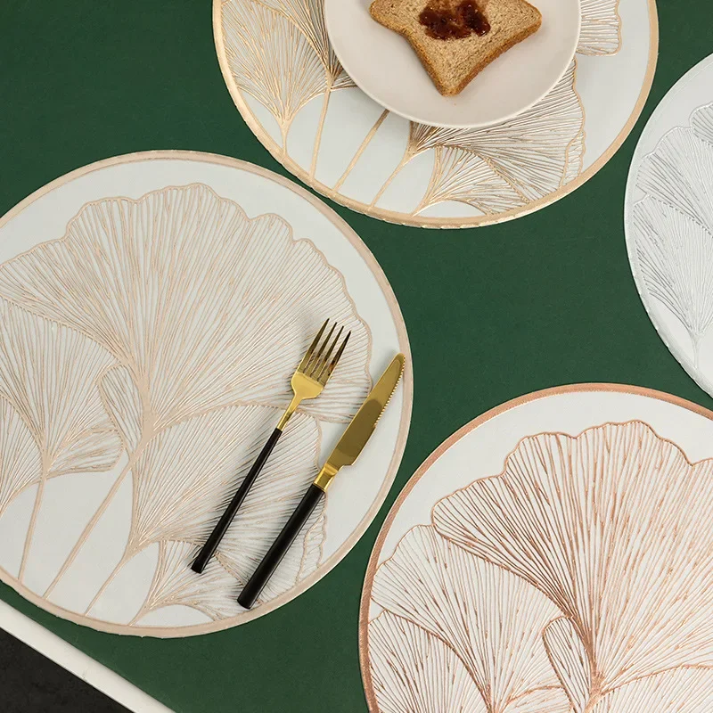 Nordic 3D Embossed Ginkgo Biloba Placemats Pvc Round Bronzing Insulation Pad Waterproof Dining Table Decoration for Restaurant