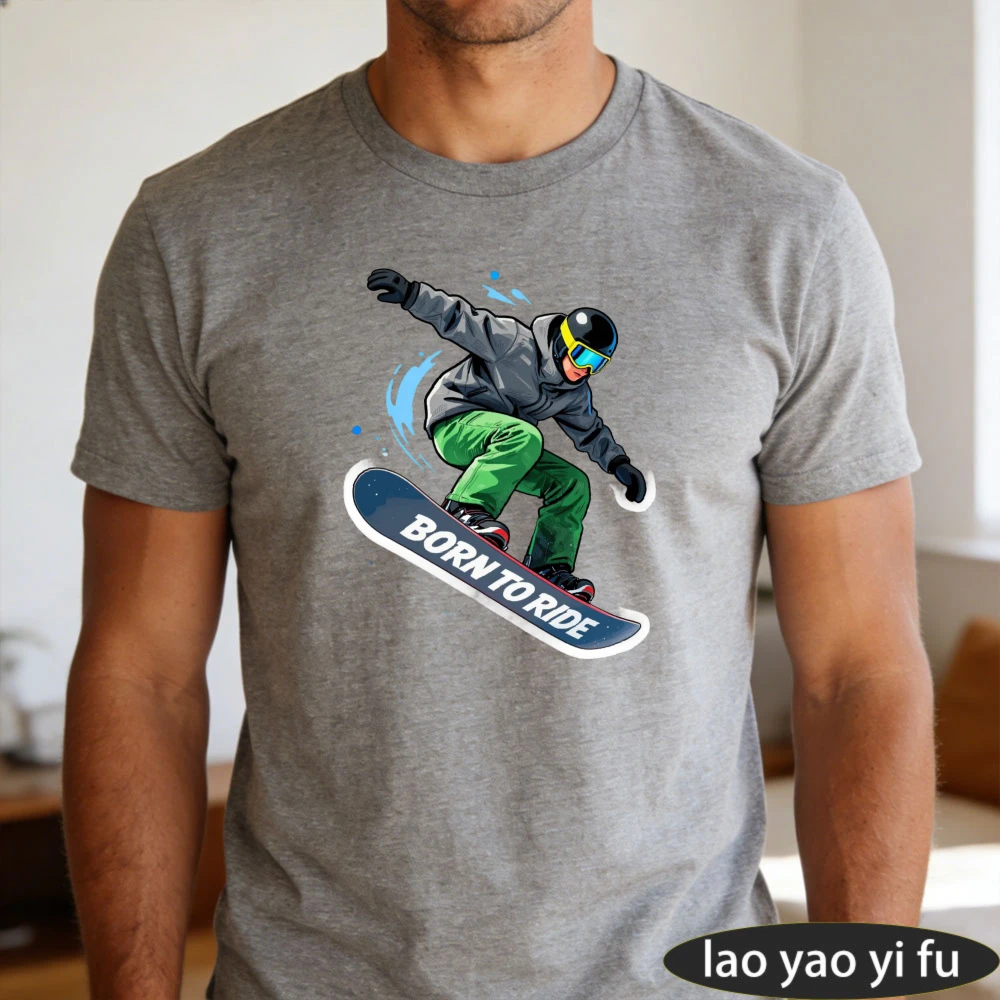 Born To Ride Snowboarder Splash Art Graphic Men Summer Cotton T Shirt Ski Winter Sport Lover Short Sleeve Daily Top