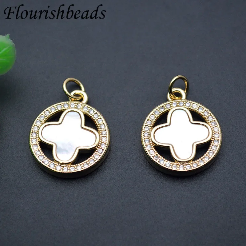 

18K Real Gold Plated Paved CZ Beads Flower Shape Pendant Natural MOP Clover Charms for DIY Jewelry Making Necklace 10-20pcs/lot