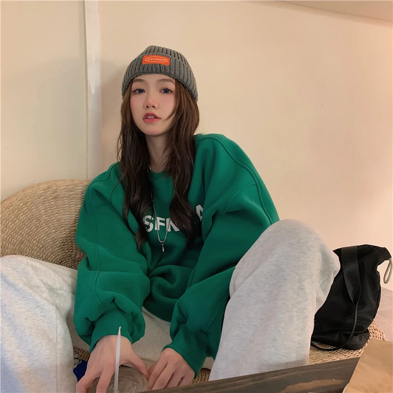 Women Dark Green Sweatshirt Letter Printing Crew Neck Korean Fashion Baggy Vintage Leisure Long Sleeves Pullover Tops Winter