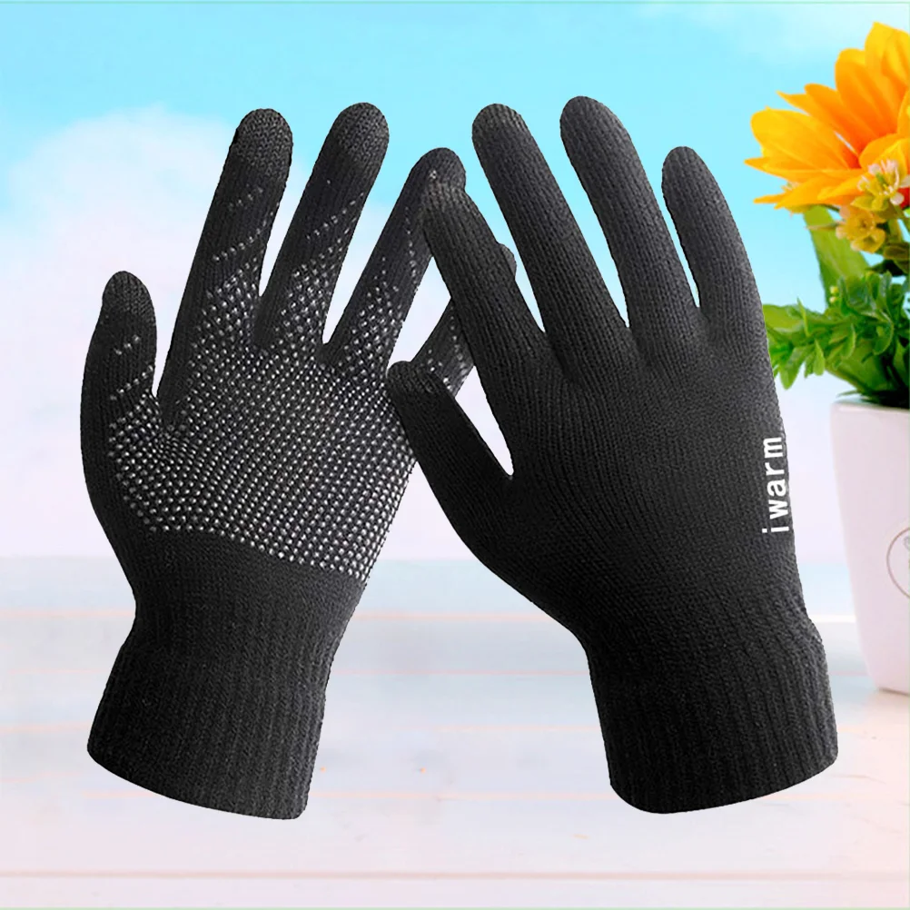 Men Women Unisex Mobile Phone Touch Screen Gloves Winter Thick Warm Knitted Outdoor Sports Cycling Mittens（Black)