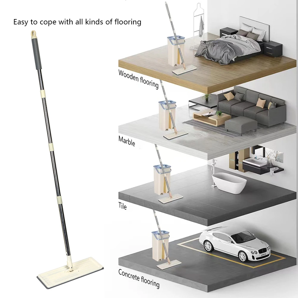 

Floor Flat Squeeze Mop with Bucket Hand Free Lazy Cleaning Mop 360 Rotating Self-Wringing Mop House Bathroom Cleaning Tool