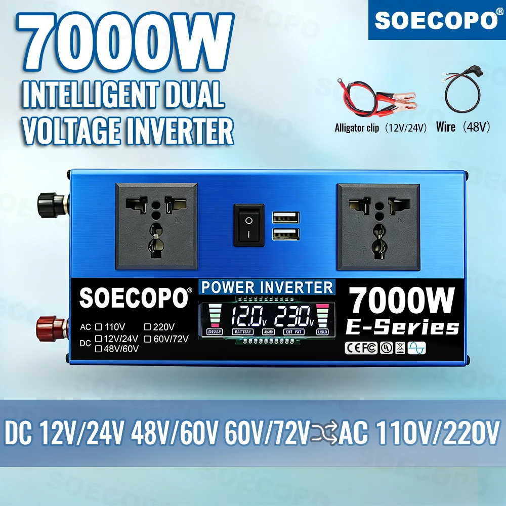

SOECOPO Portable 7000W Peak Inverter Dual Voltage DC 12V/24V 48V/60V 60V/72V To AC 110V 220V 2 Sockets for Solar Camping RV