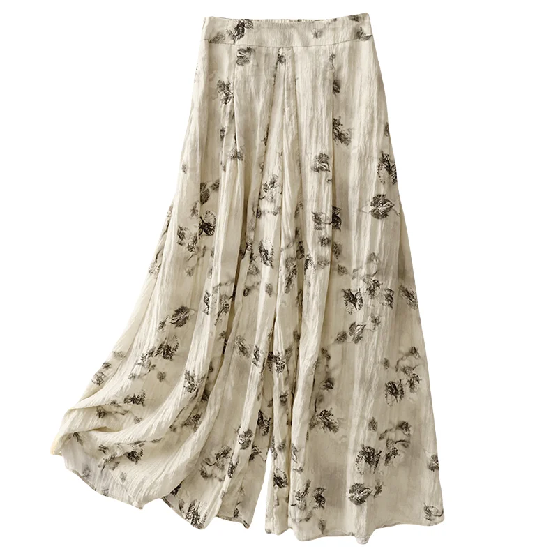 New Chinese Vintage Thin Loose Women Pants Elastic Waist Ramie Summer Trousers Soft Floral Print Wide Legs Pants
