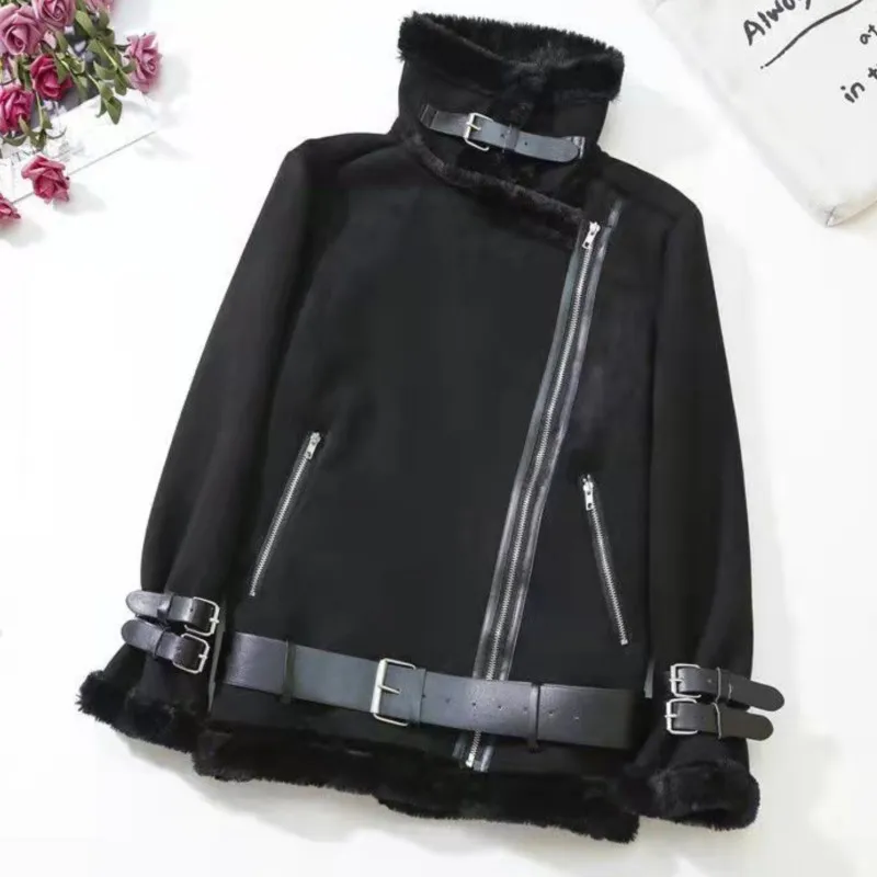 2024 Winter Women Warm Faux Leather Splicing Jacket Coat Ladies Loose Stand Collar Thicken Overcoat Female Chic Outerwear