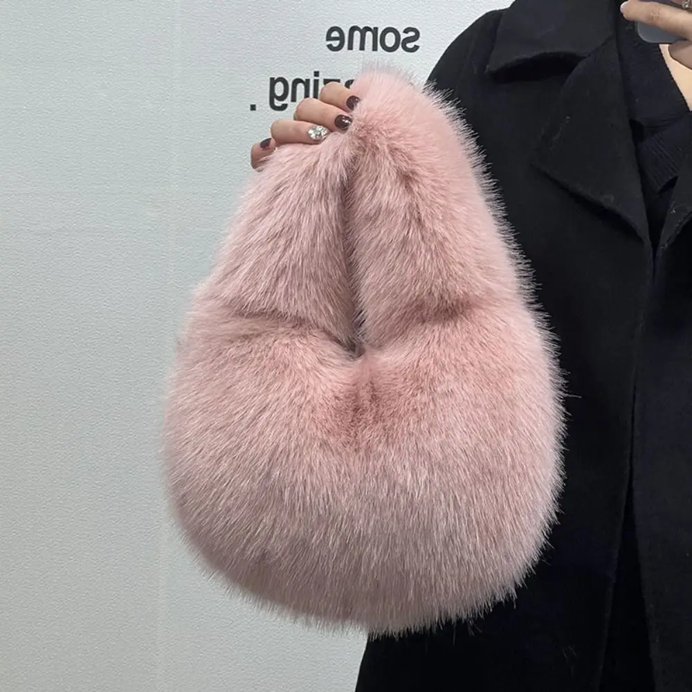 Luxury Soft Plush Half Moon Bag Fluffy Party Clutch Bag Lady Handbags Female Winter Purse Faux Fur Casual Tote Bag