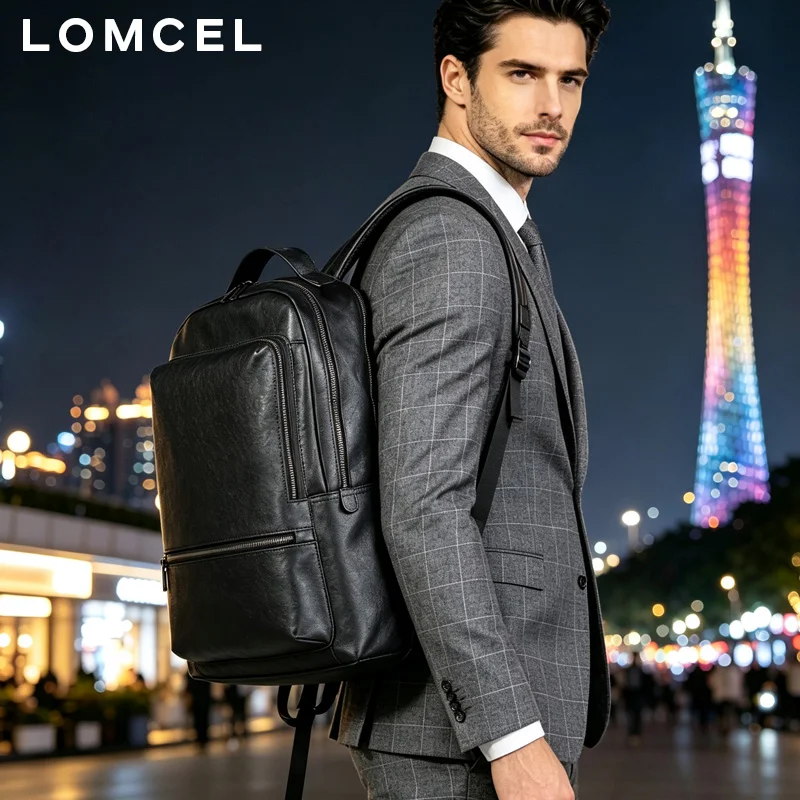 LOMCEL 13 New solid-color men's top grain cowhide backpack, stylish and casual 16 inch laptop dual-shoulder bag  leather busines