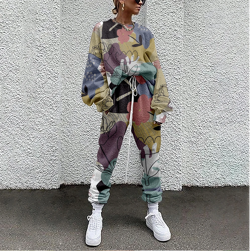 Women Tracksuit Line Drawing Print 2 Piece Outfit Sweatshirt+Straight Sweatpants Matching Set Fitness Sporty Streetwear