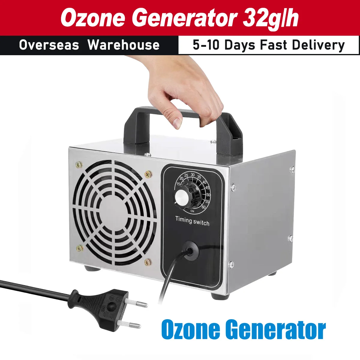 Ozone Generator 32g/h Ozone Machine O3 Air Purifier Air Deodorizer for Home Kitchen Office Car Stainless Steel Material