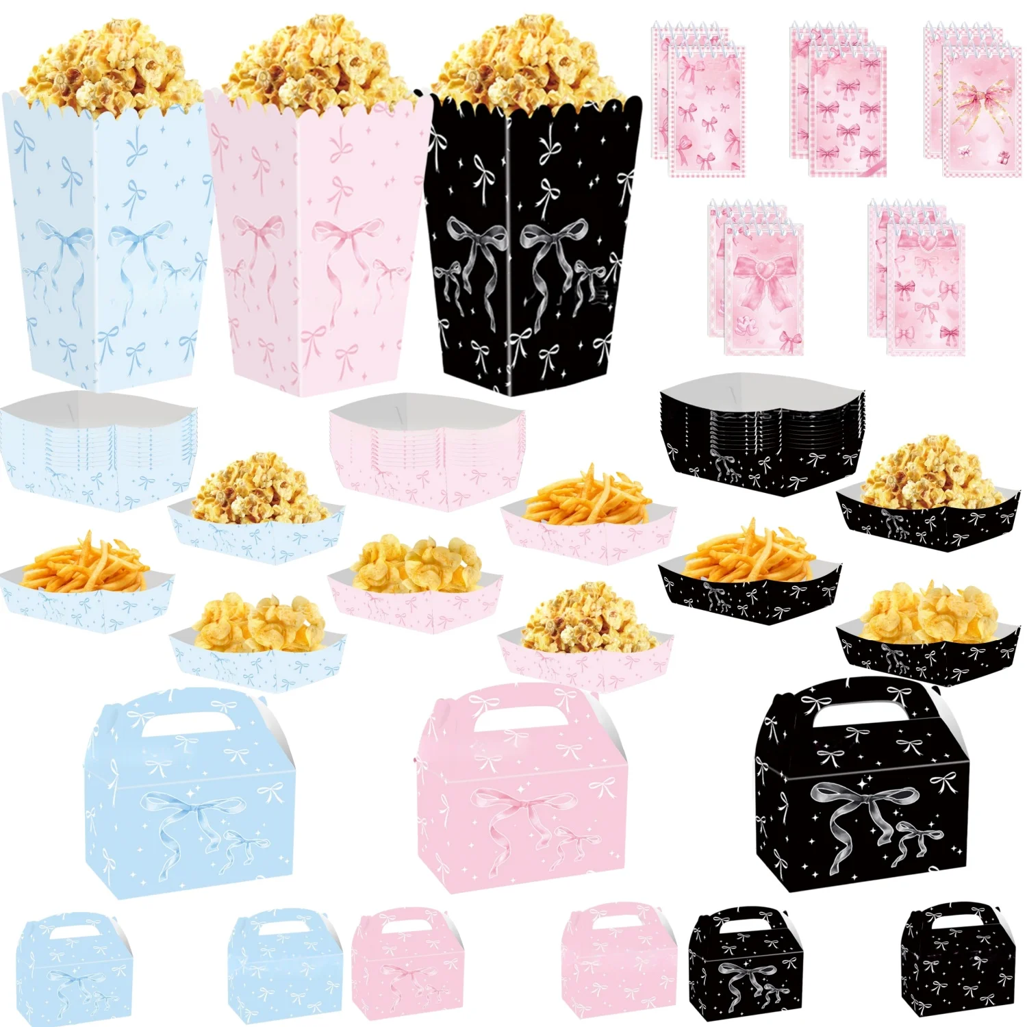 Neue blaue Schleifen-Partygeschenke, rosa Schleifen-Popcornboxen, schwarze Schleifen-Papier-Lebensmittelbehälter, Geburtstagsdekorationen, Schleifen-Geschenktüten, Partyzubehör