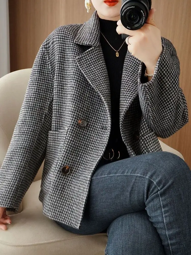 Abrigos de mezcla de lana para mujer, abrigo de lana negro para mujer, otoño, chenilla, cuello con muescas, estampado abstracto, botón hacia abajo, oblicuo, plegable