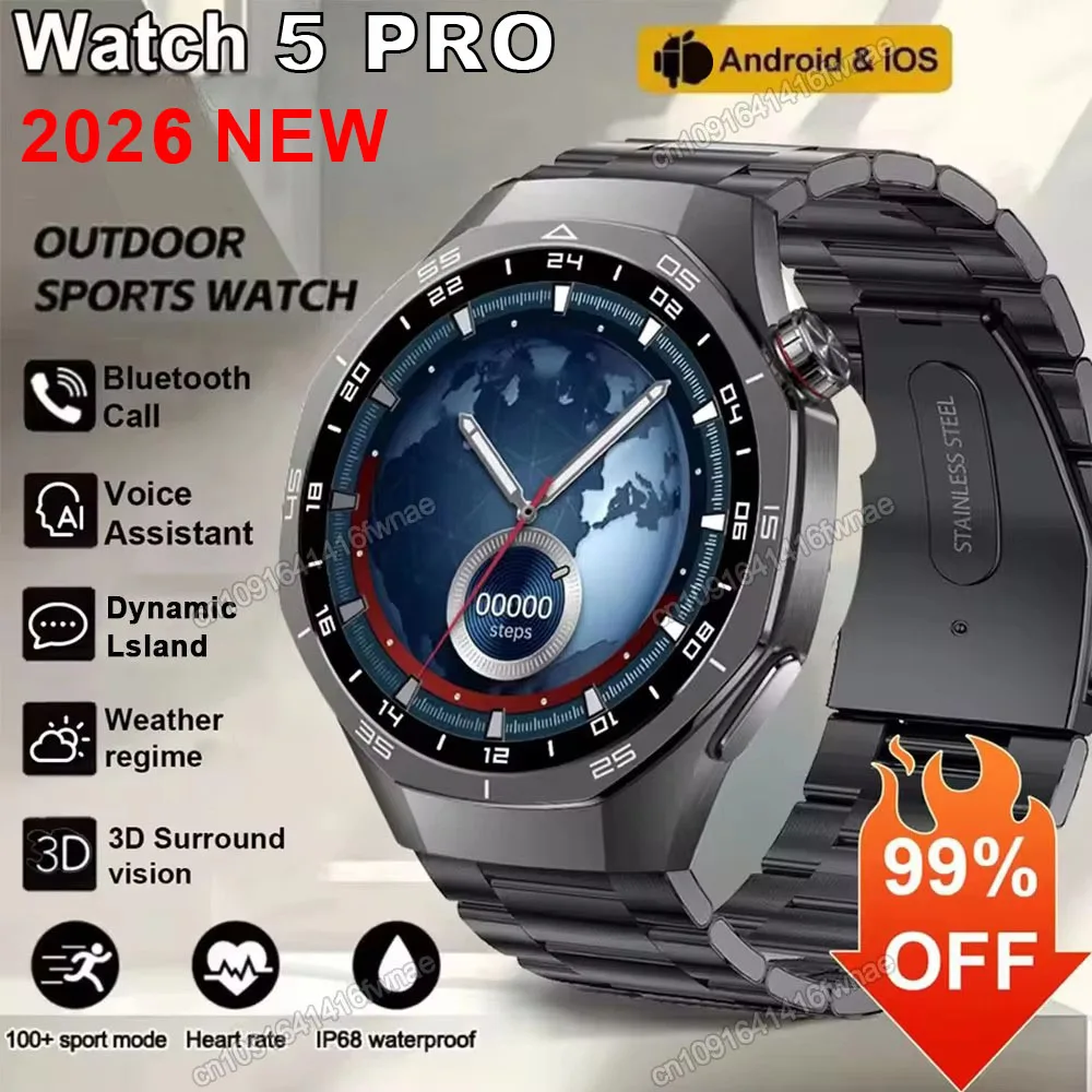 

Смарт-часы Watch 5 Pro с GPS-трекером для мужчин, AMOLED-экран 360*360, NFC, Bluetooth-звонки, спортивные функции, водонепроницаемые, мониторинг здоровья, мужские смарт-часы 2026