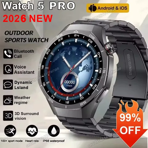 Imagen 1 del producto Reloj Inteligente Watch 5 Pro con GPS, Pantalla AMOLED de 360*360, NFC, Llamadas Bluetooth, Resistente al Agua, Monitor de Salud, para Hombre, 2026