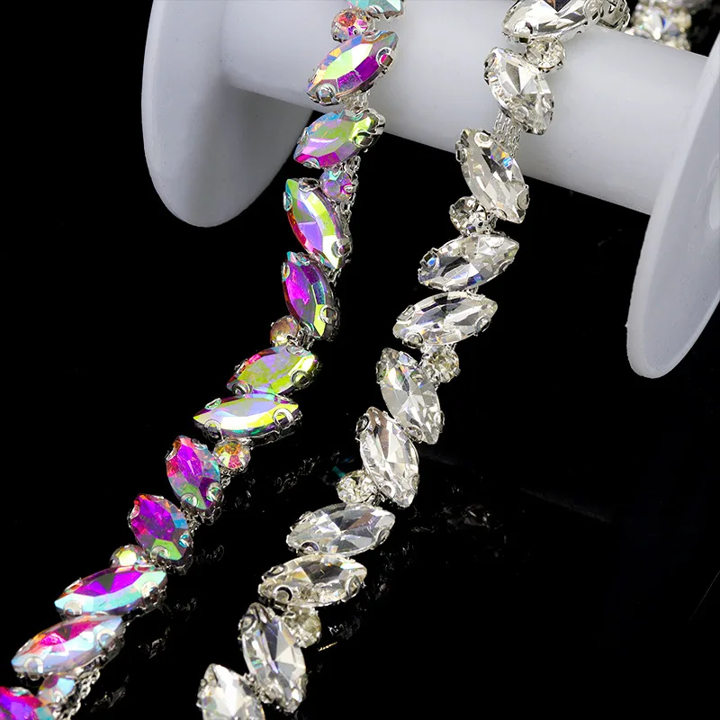 Fashion Leaf Ribbon Trim Rhinestone Metal Chain Shiny Crystal Chain Silver Plated Sewing Applique Decorative Wedding Accessory