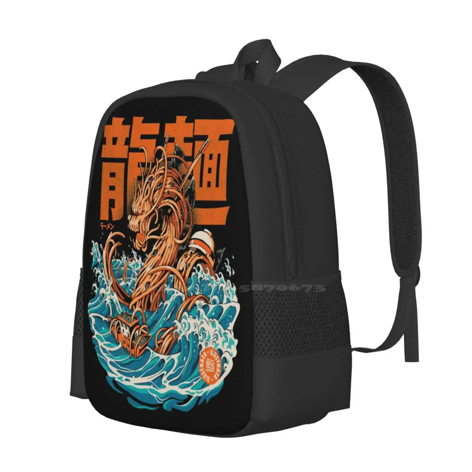 Black Great Ramen Dragon Off Kanagawa School Bags For Teenage Girls Laptop Travel Bags Dragon Kaiju Monster Retro Sushi