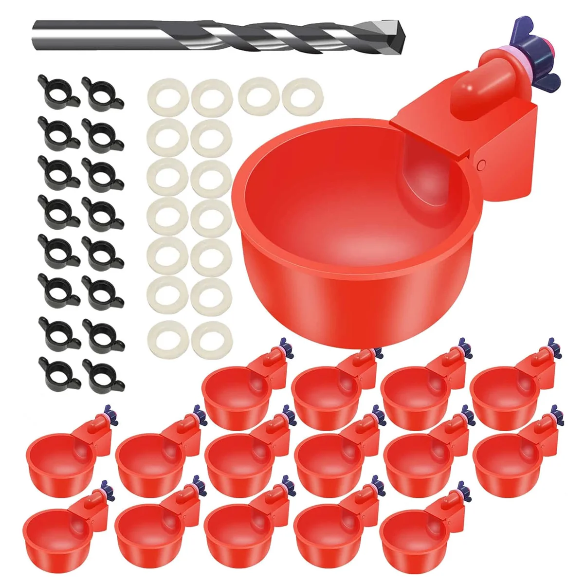 A23G 16 Pack Automatic Chicken Waterer Cups Poultry Waterers Poultry Water Feeder Chicken Water Cups with Drill Bit