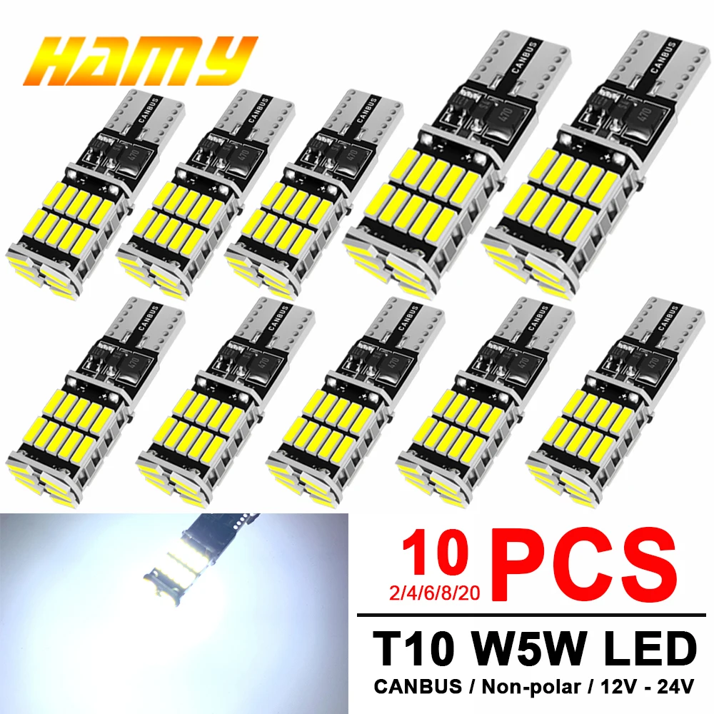 2/4/6/8/10/20 PCS CANBUS T10 W5W LED Bulbs 12V 24V 4014-26SMD 6500K White Car Interior Dome Courtesy Trunk License Plate Lights