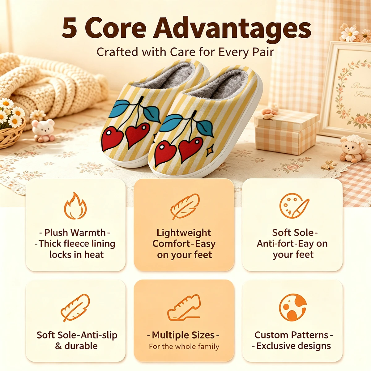 Heart Cherry Stripe Christmas White Slippers Warm Plush Indoor Shoes Non-Slip Winter Slippers Family Holiday Gifts Soft view 4