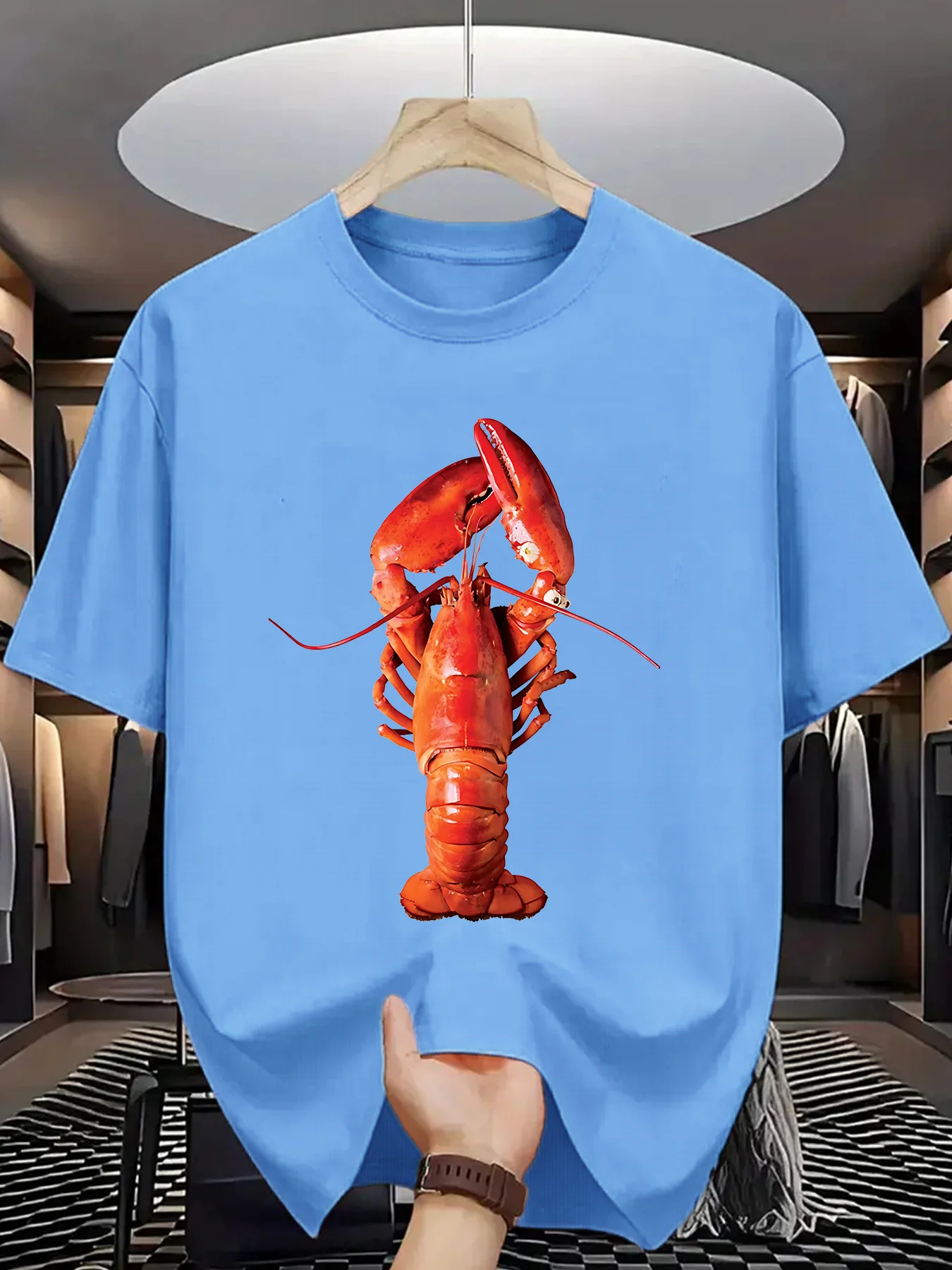 Red Lobster Marine Animal Print Mens Crew Neck T Shirt Vivid Seafood Graphic Short Sleeve Casual Cotton Trendy Street Tees