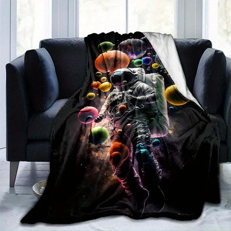 Space Astronaut Colorful Planets Print Flannel Blanket Soft Lightweight Throw Blanket for Sofa Bed Couch All‑Season Cozy Blanket