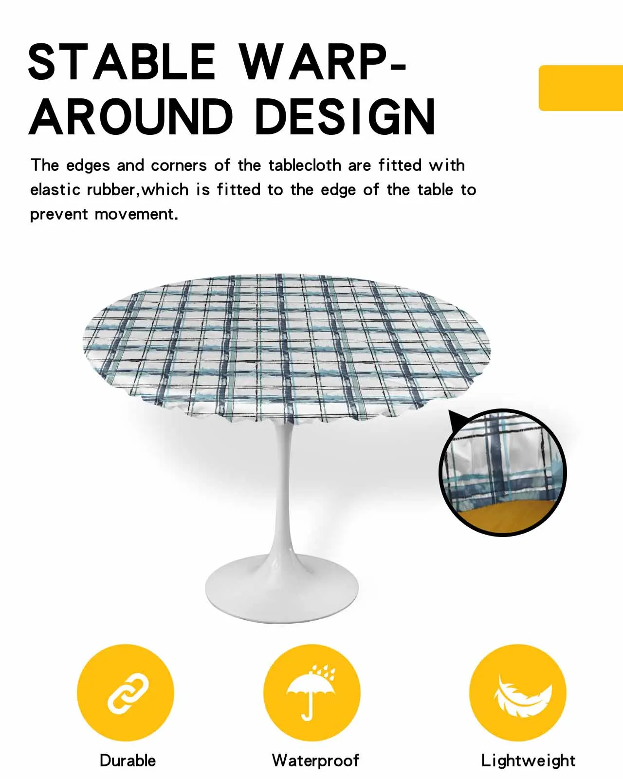 Grid Watercolor Gradient Round Elastic Edged Table Cover Protector Cloth Waterproof Rectangle Fitted Tablecloth