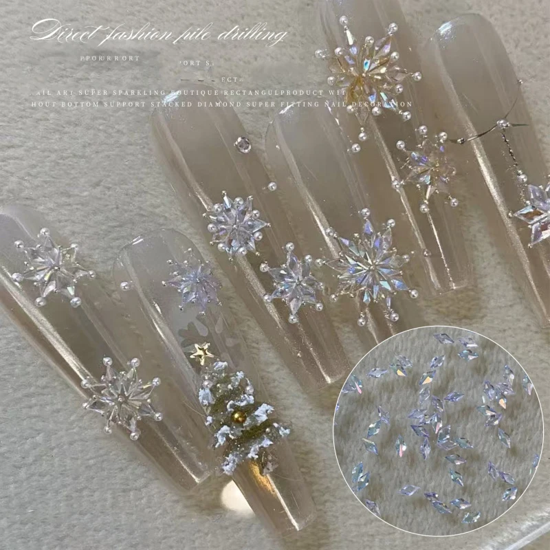 100Pcs Mini Aurora Rhombus Nail Art Rhinestones Sparkling Rhombus Nail Zircon Flat-Back Dazzling Snowflake 1.5*3mm Nail Crystal